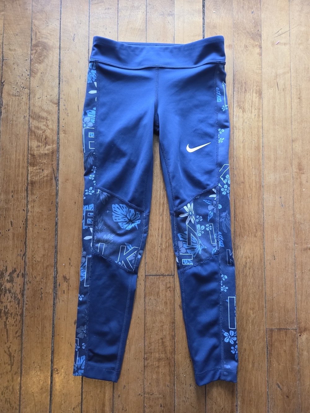 Girls Nike Floral Logo Athletic Leggings Blue Size 6 | Activewear Tights